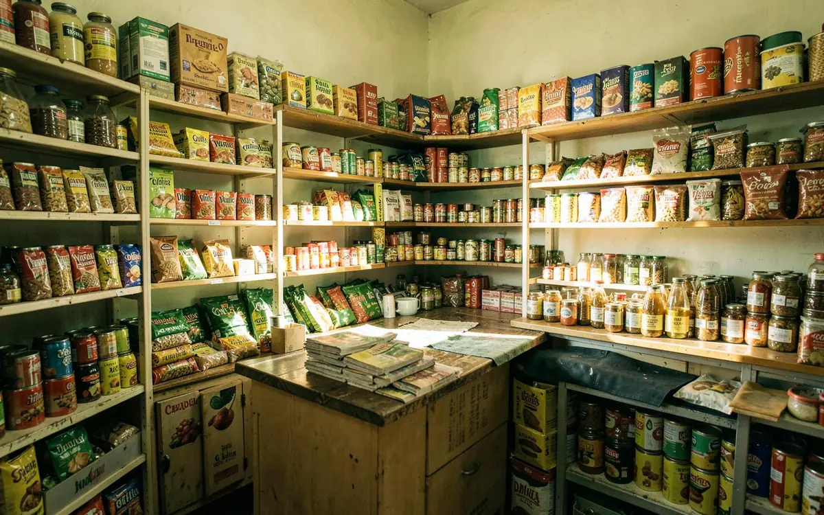 Mostrador de una tienda con estantes surtidos