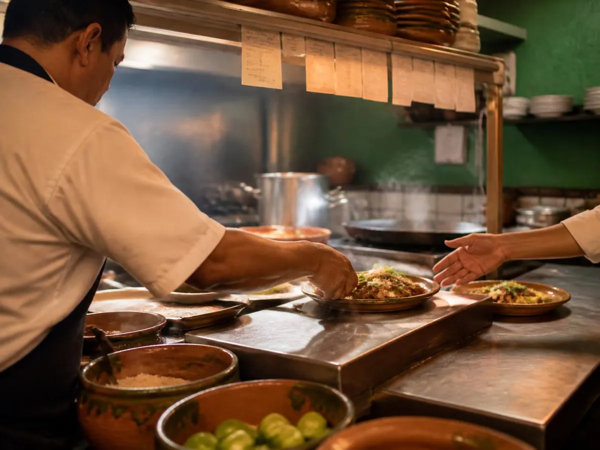 Cocina de restaurante despachando platillos durante el servicio