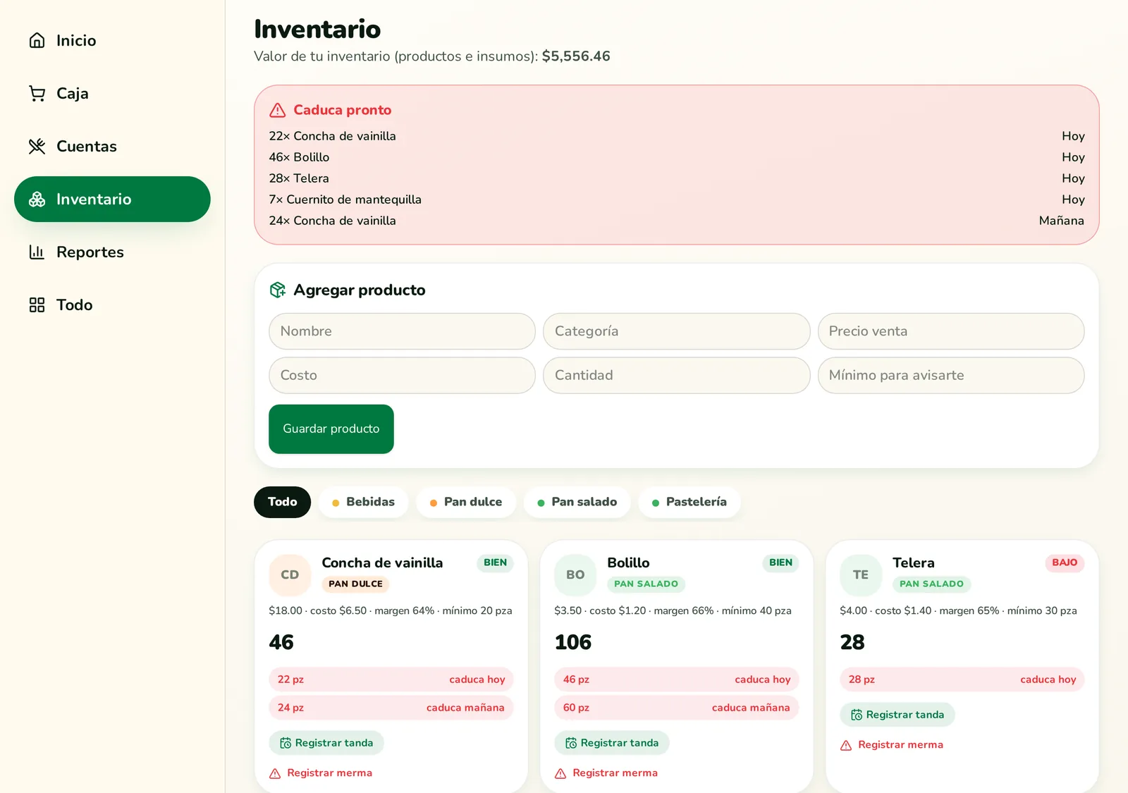 Pantalla Inventario de Ronnae en Panadería La Esperanza