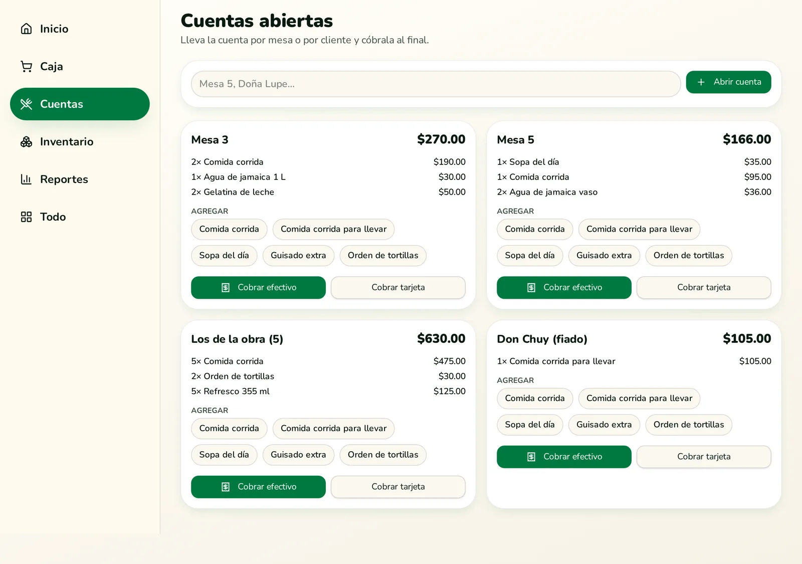 Pantalla Cuentas abiertas de Ronnae en Fonda Doña Meche